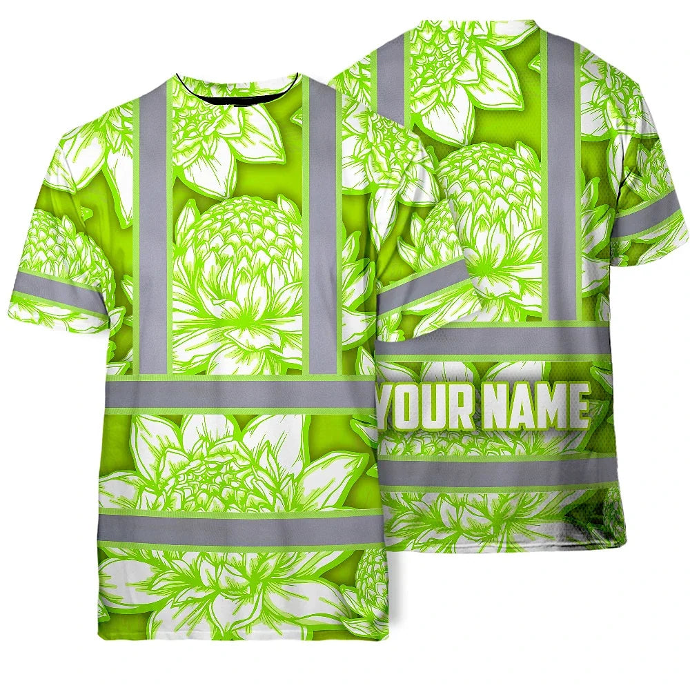 Hi Vis T Shirt Reflective Tapes Green Neon White Protea Custom Name Safety Workwear For Workers, Truckers, Operators