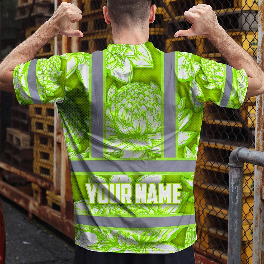 Hi Vis T Shirt Reflective Tapes Green Neon White Protea Custom Name Safety Workwear For Workers, Truckers, Operators