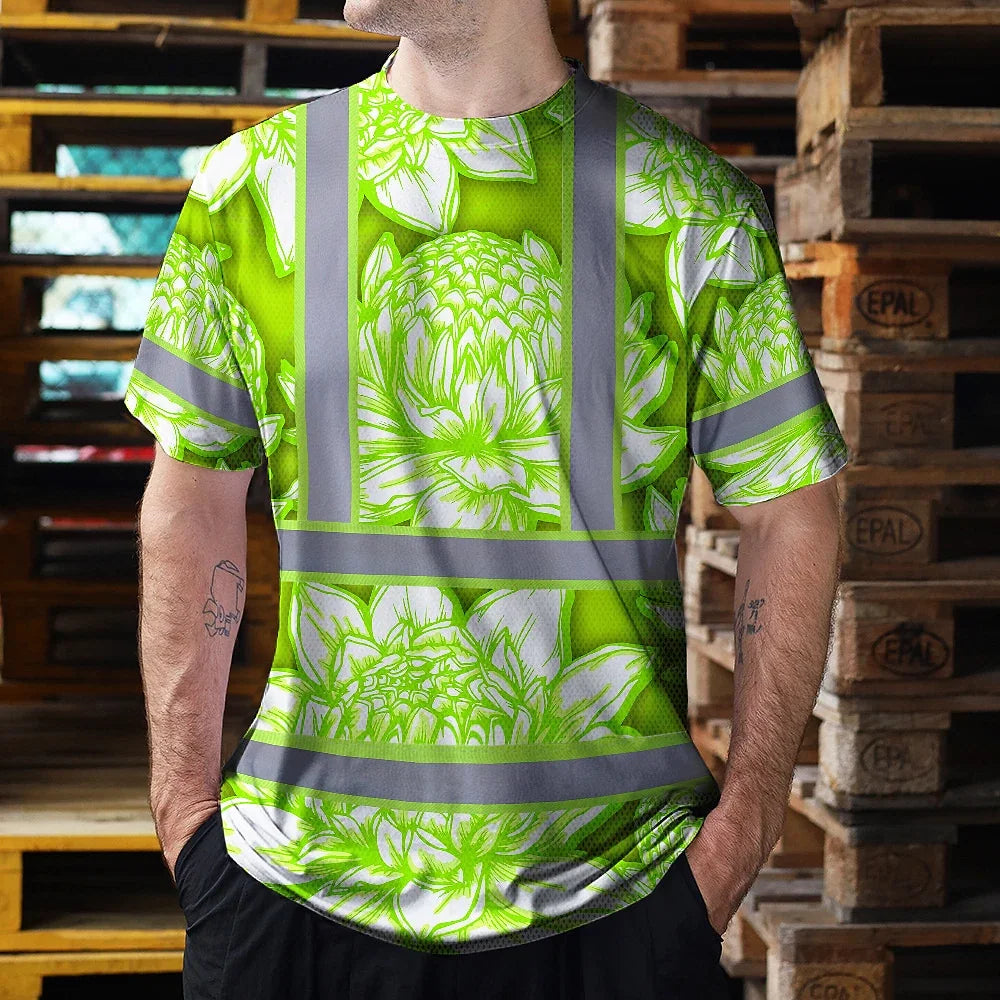 Hi Vis T Shirt Reflective Tapes Green Neon White Protea Custom Name Safety Workwear For Workers, Truckers, Operators