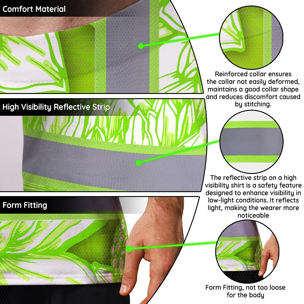 Hi Vis T Shirt Reflective Tapes Green Neon White Protea Custom Name Safety Workwear For Workers, Truckers, Operators