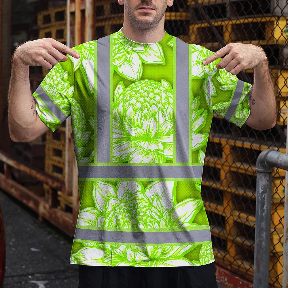 Hi Vis T Shirt Reflective Tapes Green Neon White Protea Custom Name Safety Workwear For Workers, Truckers, Operators
