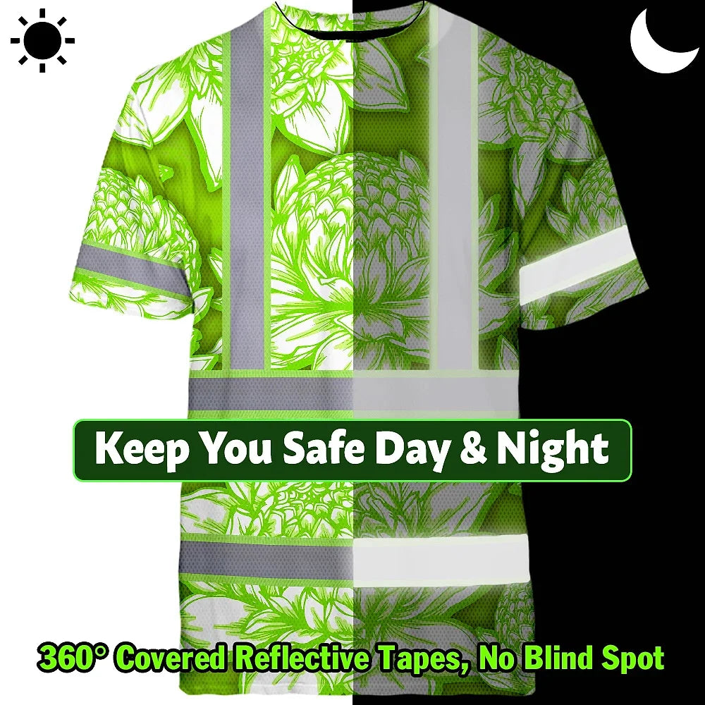 Hi Vis T Shirt Reflective Tapes Green Neon White Protea Custom Name Safety Workwear For Workers, Truckers, Operators