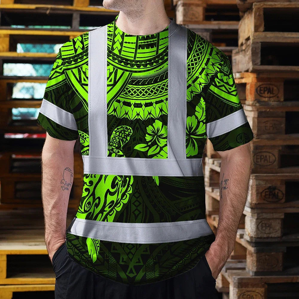 Hi Vis T Shirt Reflective Tapes Green Turtle Flower Hawaiian Polynesian Tribal Custom Name