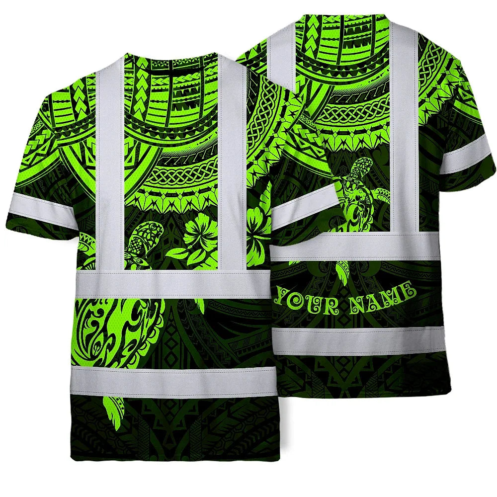 Hi Vis T Shirt Reflective Tapes Green Turtle Flower Hawaiian Polynesian Tribal Custom Name