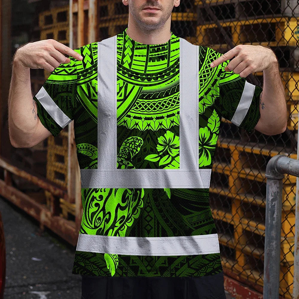 Hi Vis T Shirt Reflective Tapes Green Turtle Flower Hawaiian Polynesian Tribal Custom Name