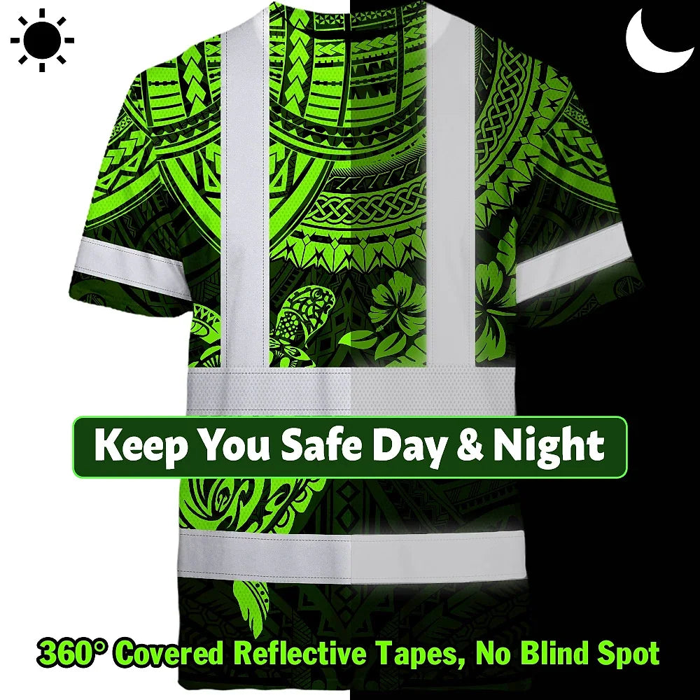 Hi Vis T Shirt Reflective Tapes Green Turtle Flower Hawaiian Polynesian Tribal Custom Name