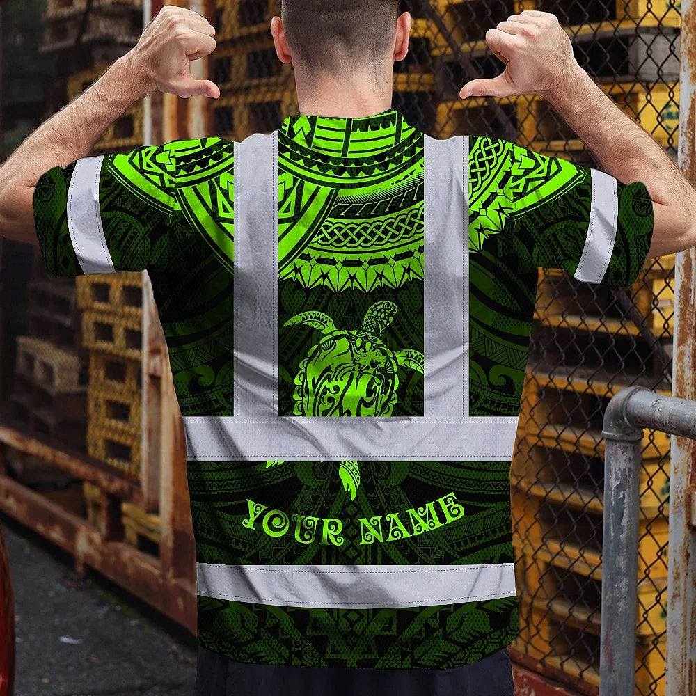 Hi Vis T Shirt Reflective Tapes Green Turtle Flower Hawaiian Polynesian Tribal Custom Name