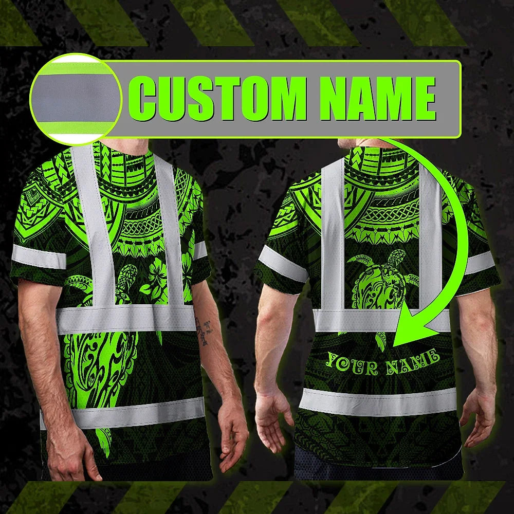 Hi Vis T Shirt Reflective Tapes Green Turtle Flower Hawaiian Polynesian Tribal Custom Name