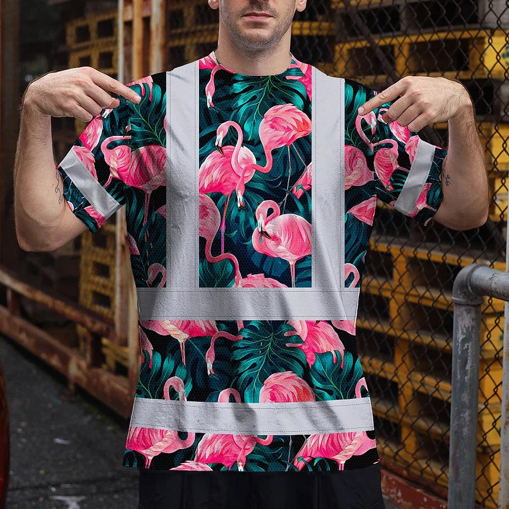 Hi Vis T Shirt Reflective Tapes Hawaii Flamingo Custom Name Safety Workwear For Workers, Truckers, Operators