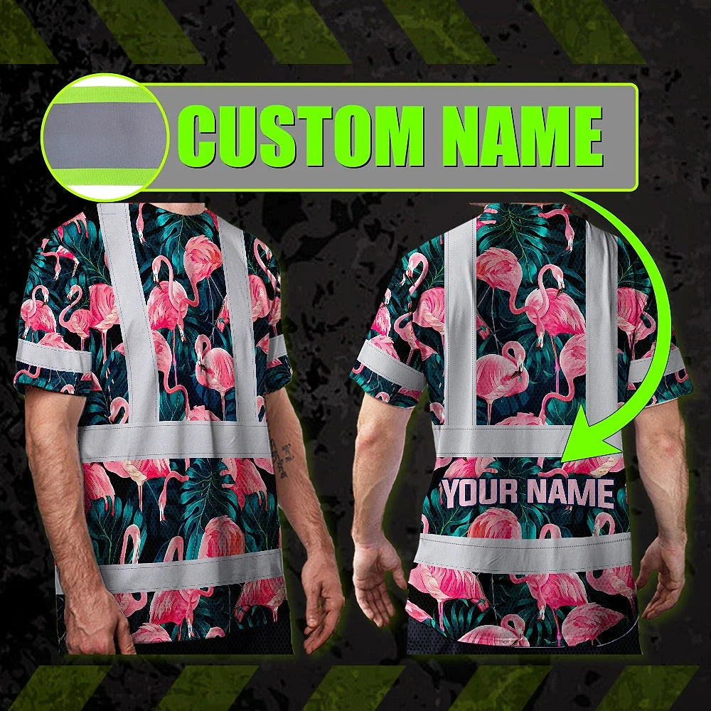 Hi Vis T Shirt Reflective Tapes Hawaii Flamingo Custom Name Safety Workwear For Workers, Truckers, Operators