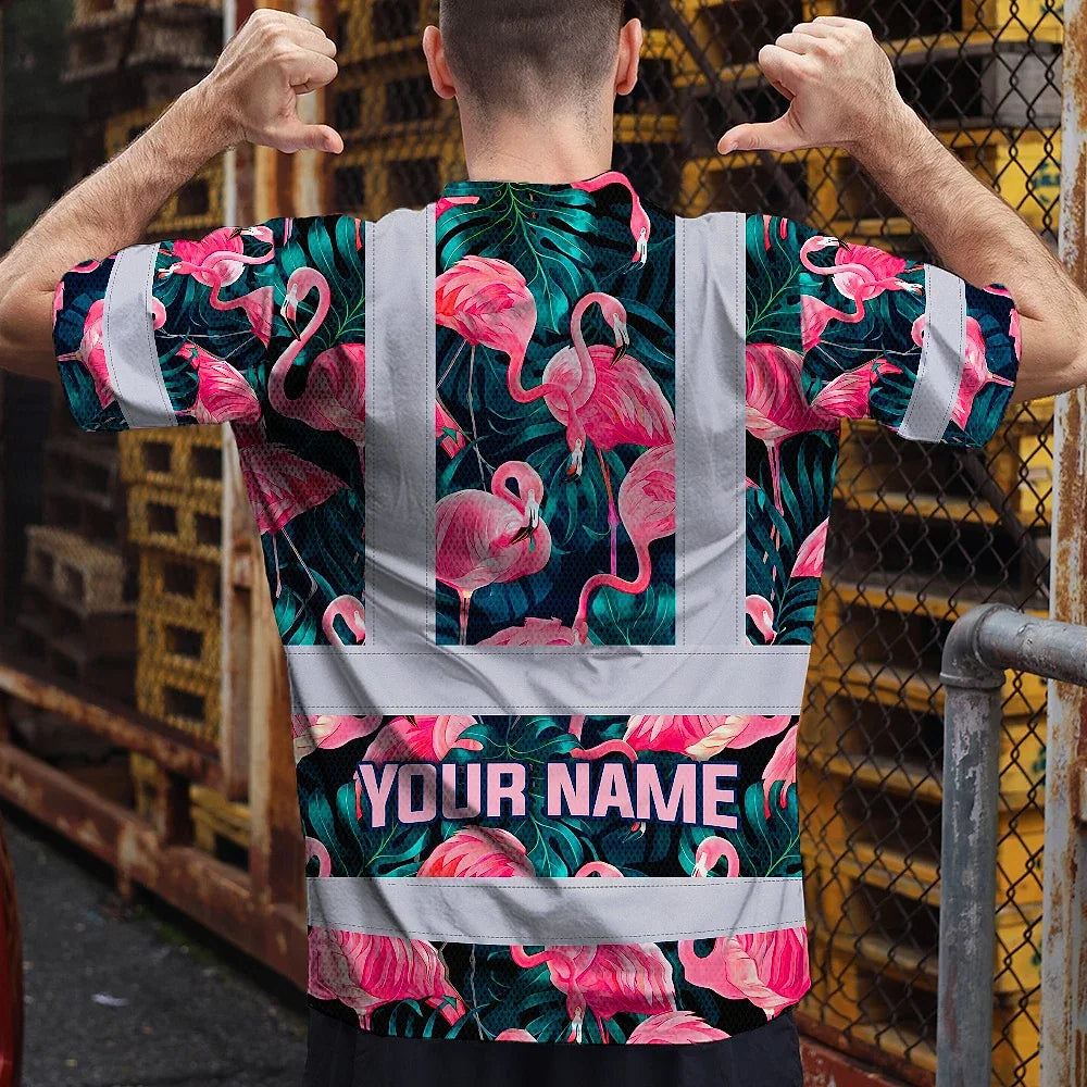 Hi Vis T Shirt Reflective Tapes Hawaii Flamingo Custom Name Safety Workwear For Workers, Truckers, Operators
