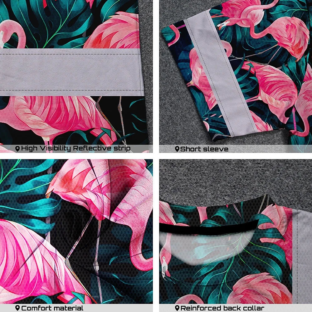 Hi Vis T Shirt Reflective Tapes Hawaii Flamingo Custom Name Safety Workwear For Workers, Truckers, Operators