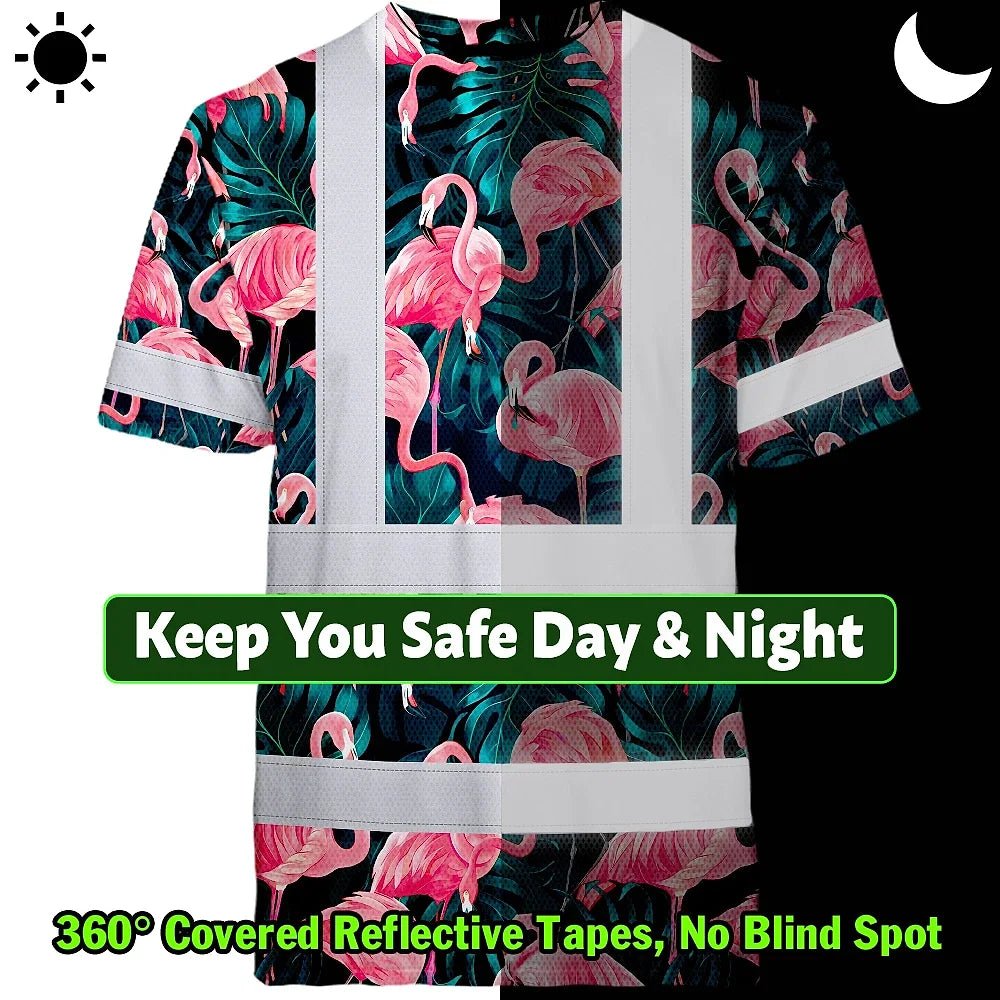 Hi Vis T Shirt Reflective Tapes Hawaii Flamingo Custom Name Safety Workwear For Workers, Truckers, Operators