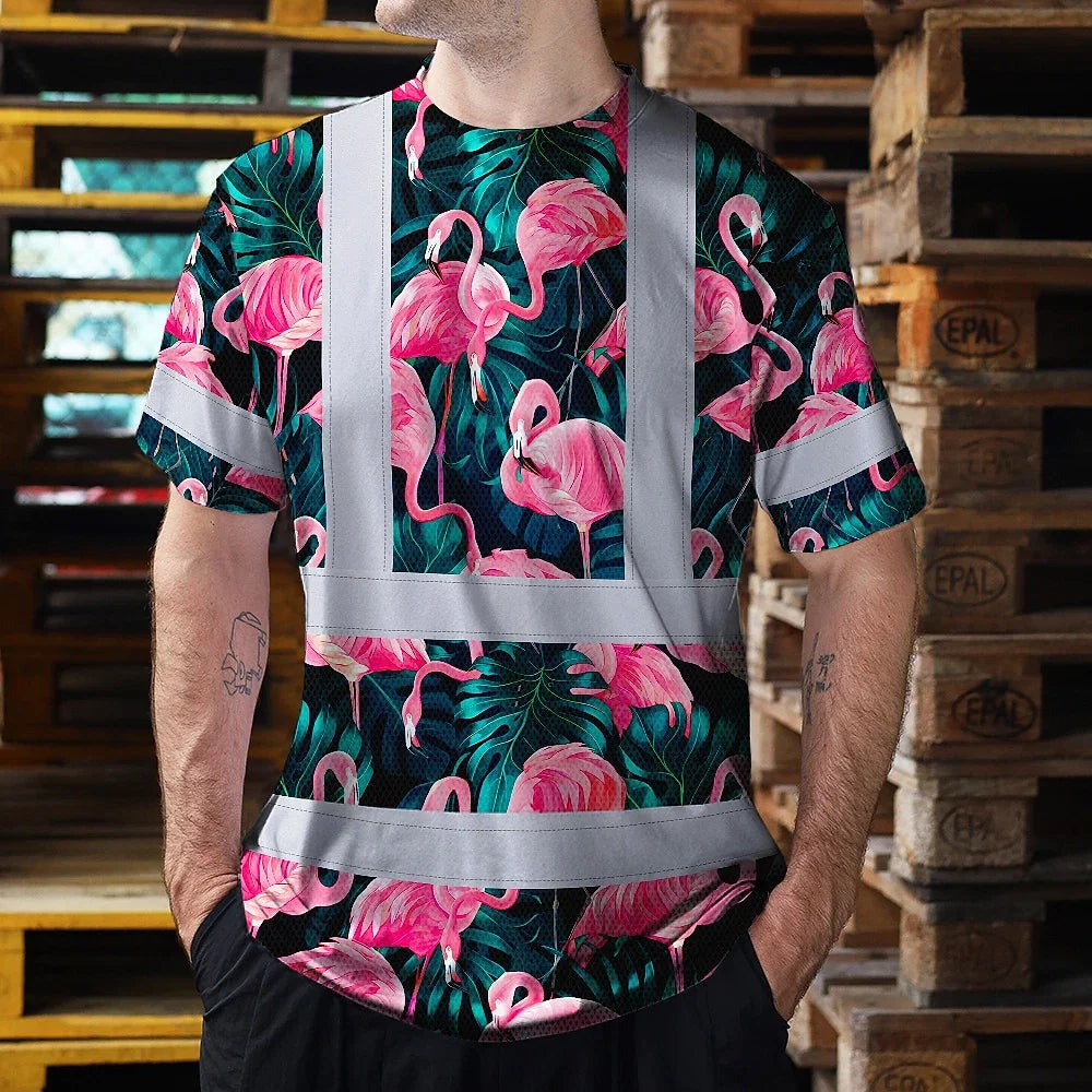 Hi Vis T Shirt Reflective Tapes Hawaii Flamingo Custom Name Safety Workwear For Workers, Truckers, Operators