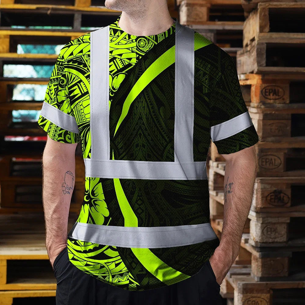 Hi Vis T Shirt Reflective Tapes Hawaiian Polynesian Tribal Custom Name Safety Workwear For Workers, Truckers, Operators