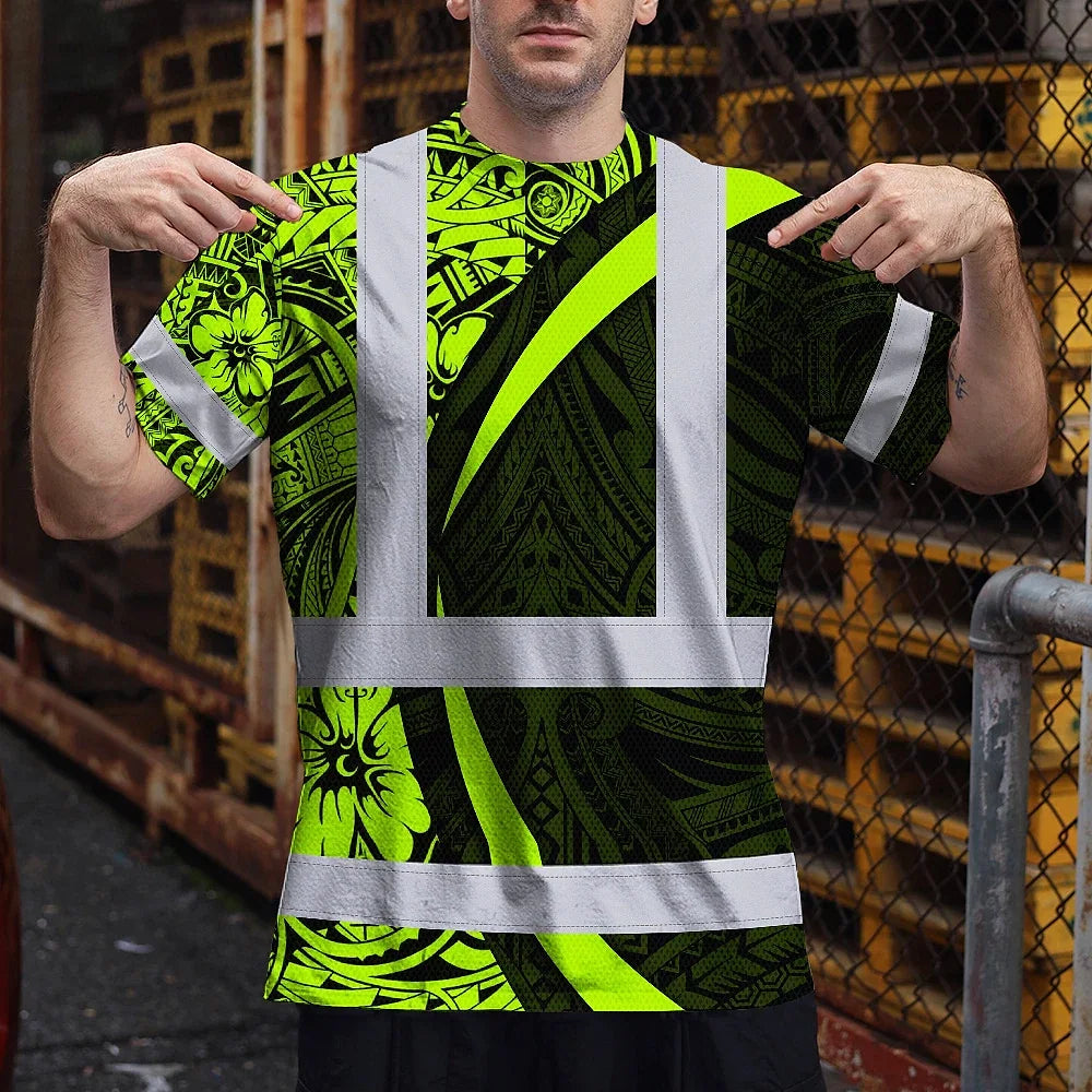 Hi Vis T Shirt Reflective Tapes Hawaiian Polynesian Tribal Custom Name Safety Workwear Workers, Truckers
