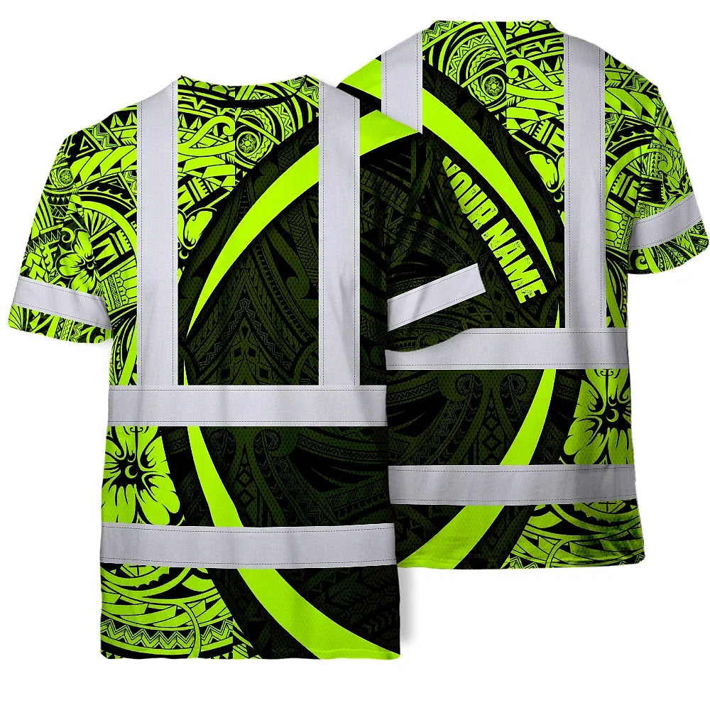 Hi Vis T Shirt Reflective Tapes Hawaiian Polynesian Tribal Custom Name Safety Workwear For Workers, Truckers, Operators