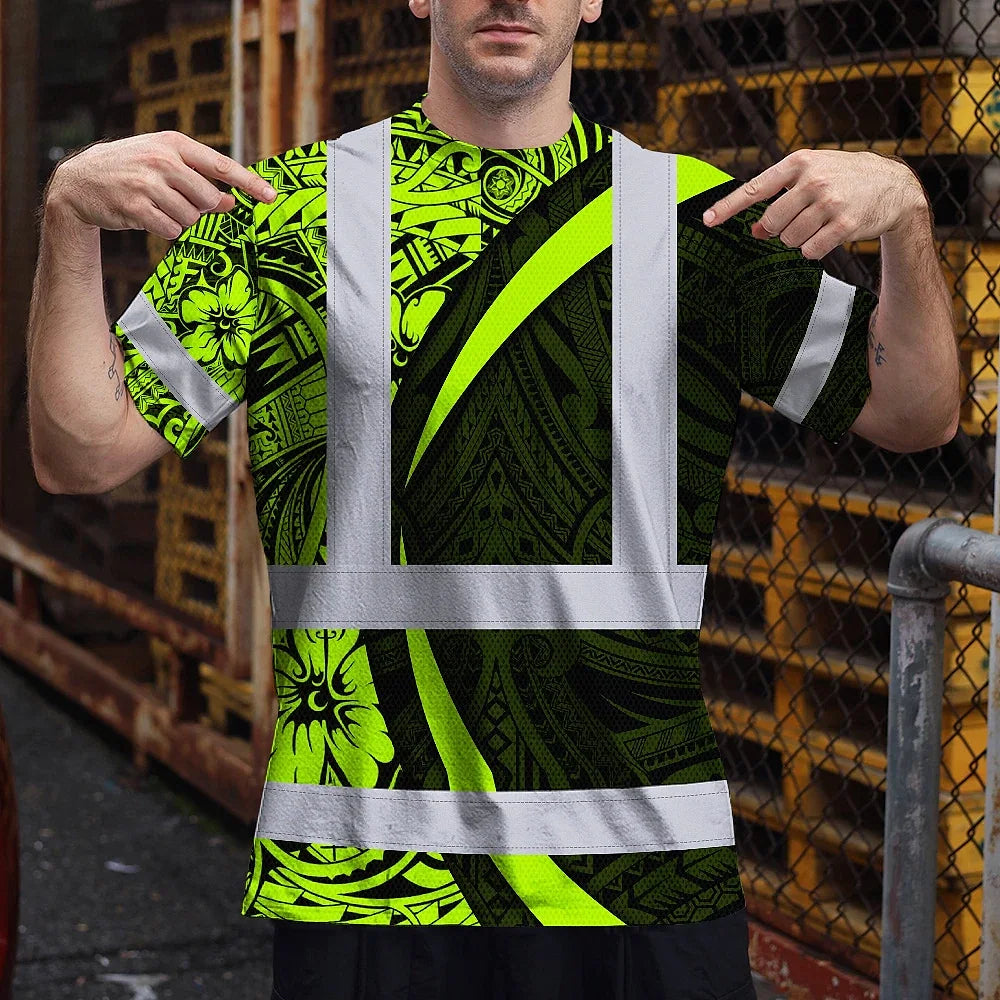 Hi Vis T Shirt Reflective Tapes Hawaiian Polynesian Tribal Custom Name Safety Workwear For Workers, Truckers, Operators