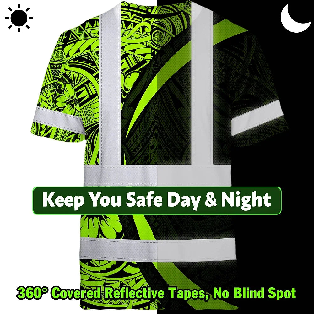 Hi Vis T Shirt Reflective Tapes Hawaiian Polynesian Tribal Custom Name Safety Workwear Workers, Truckers