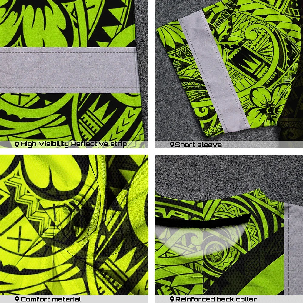 Hi Vis T Shirt Reflective Tapes Hawaiian Polynesian Tribal Custom Name Safety Workwear For Workers, Truckers, Operators