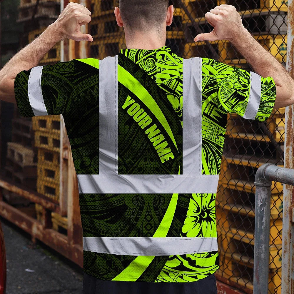 Hi Vis T Shirt Reflective Tapes Hawaiian Polynesian Tribal Custom Name Safety Workwear For Workers, Truckers, Operators