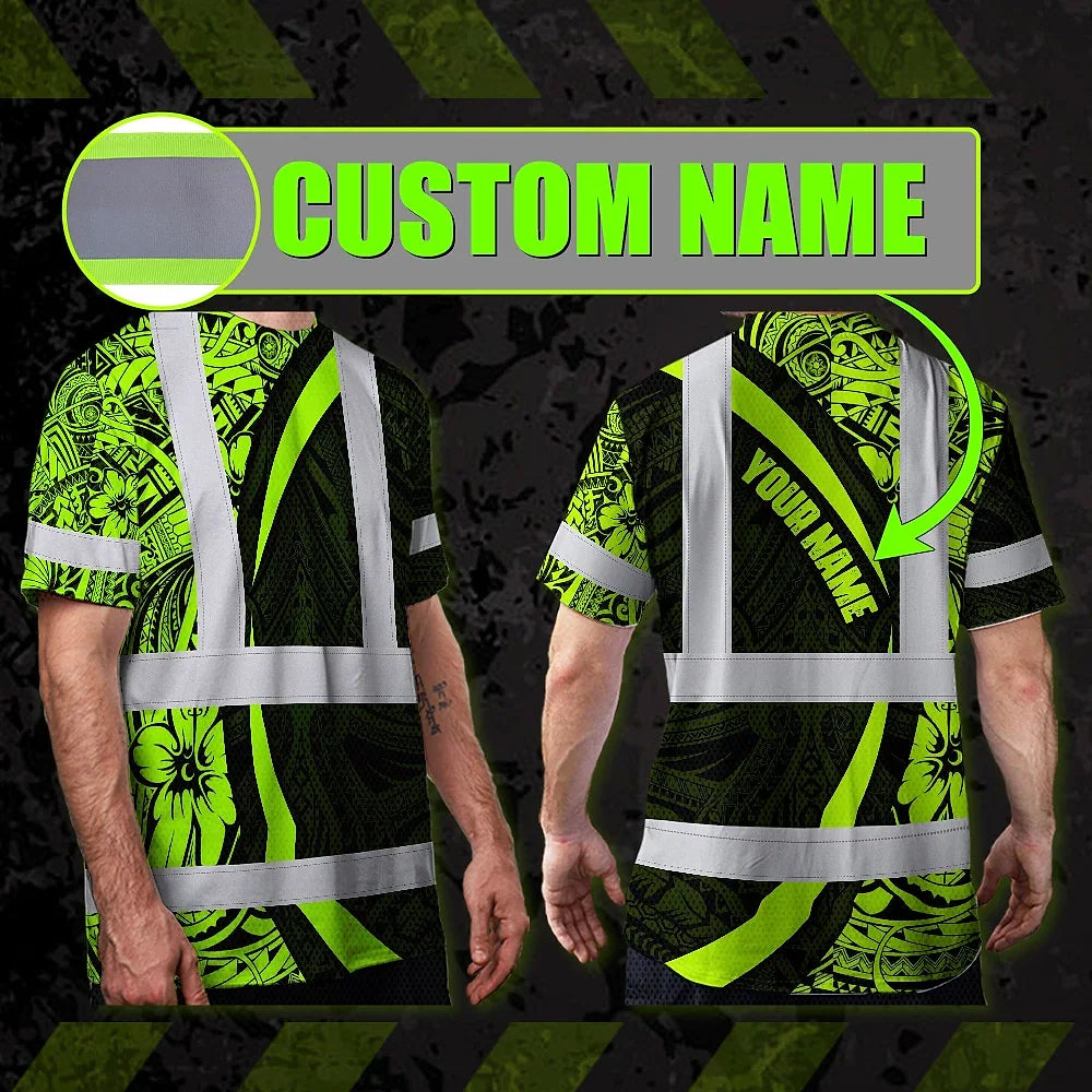 Hi Vis T Shirt Reflective Tapes Hawaiian Polynesian Tribal Custom Name Safety Workwear For Workers, Truckers, Operators