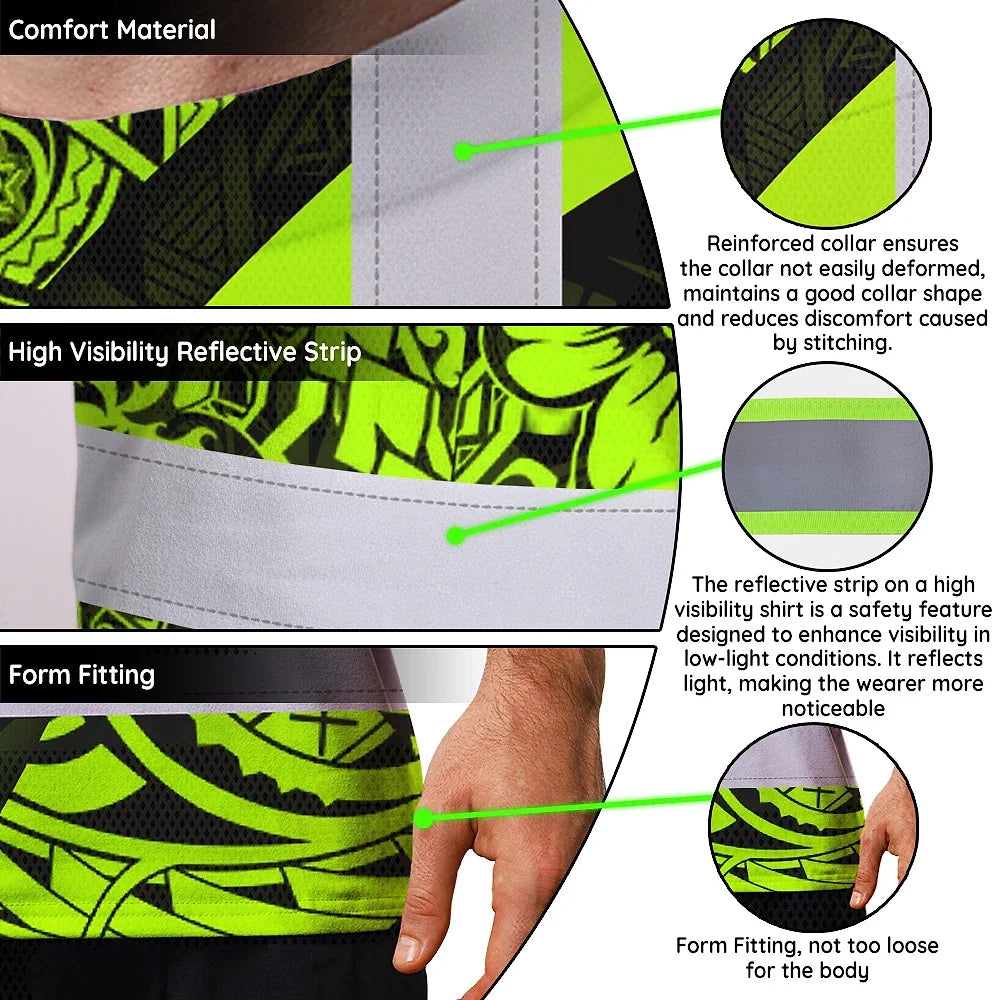 Hi Vis T Shirt Reflective Tapes Hawaiian Polynesian Tribal Custom Name Safety Workwear For Workers, Truckers, Operators
