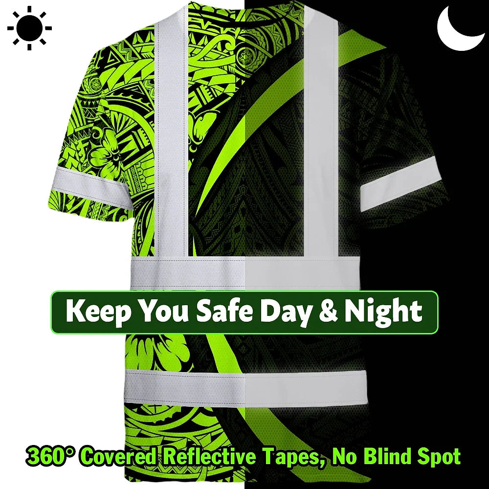Hi Vis T Shirt Reflective Tapes Hawaiian Polynesian Tribal Custom Name Safety Workwear For Workers, Truckers, Operators