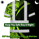 Hi Vis T Shirt Reflective Tapes Hawaiian Polynesian Tribal Custom Name Safety Workwear For Workers, Truckers, Operators