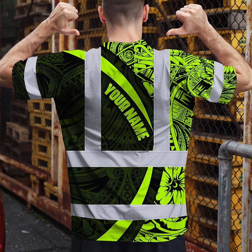 Hi Vis T Shirt Reflective Tapes Hawaiian Polynesian Tribal Custom Name Safety Workwear Workers, Truckers