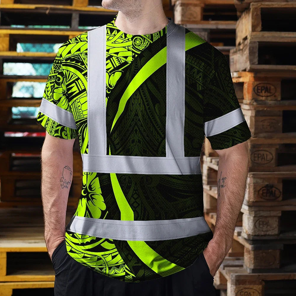 Hi Vis T Shirt Reflective Tapes Hawaiian Polynesian Tribal Custom Name Safety Workwear Workers, Truckers