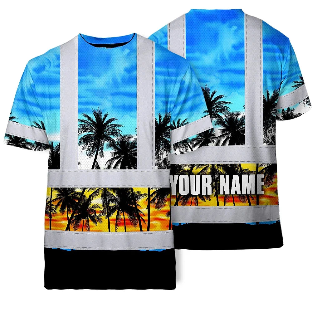 Hi Vis T Shirt Reflective Tapes Light Blue Coconut Tree Custom Name Safety Workwear For Workers, Truckers, Operators