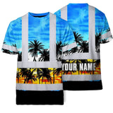 Hi Vis T Shirt Reflective Tapes Light Blue Coconut Tree Custom Name Safety Workwear For Workers, Truckers, Operators