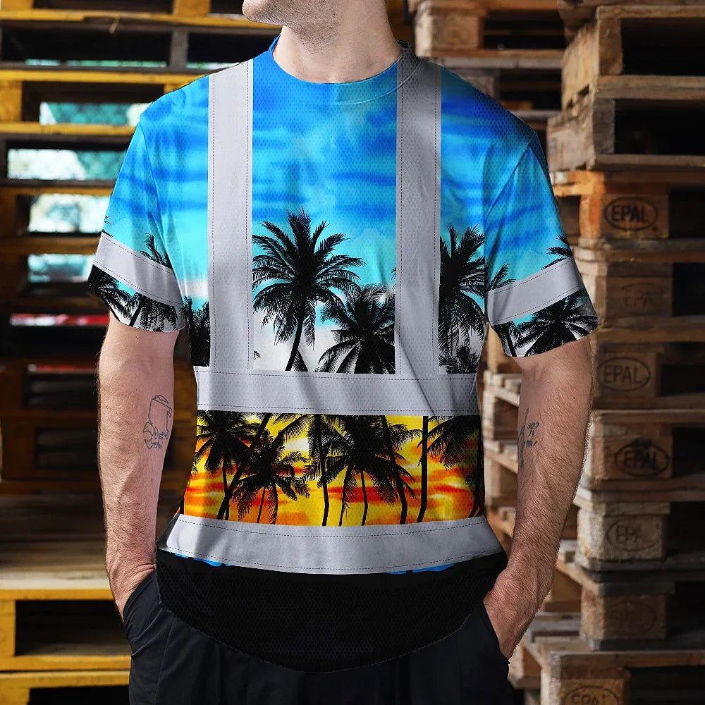 Hi Vis T Shirt Reflective Tapes Light Blue Coconut Tree Custom Name Safety Workwear For Workers, Truckers, Operators