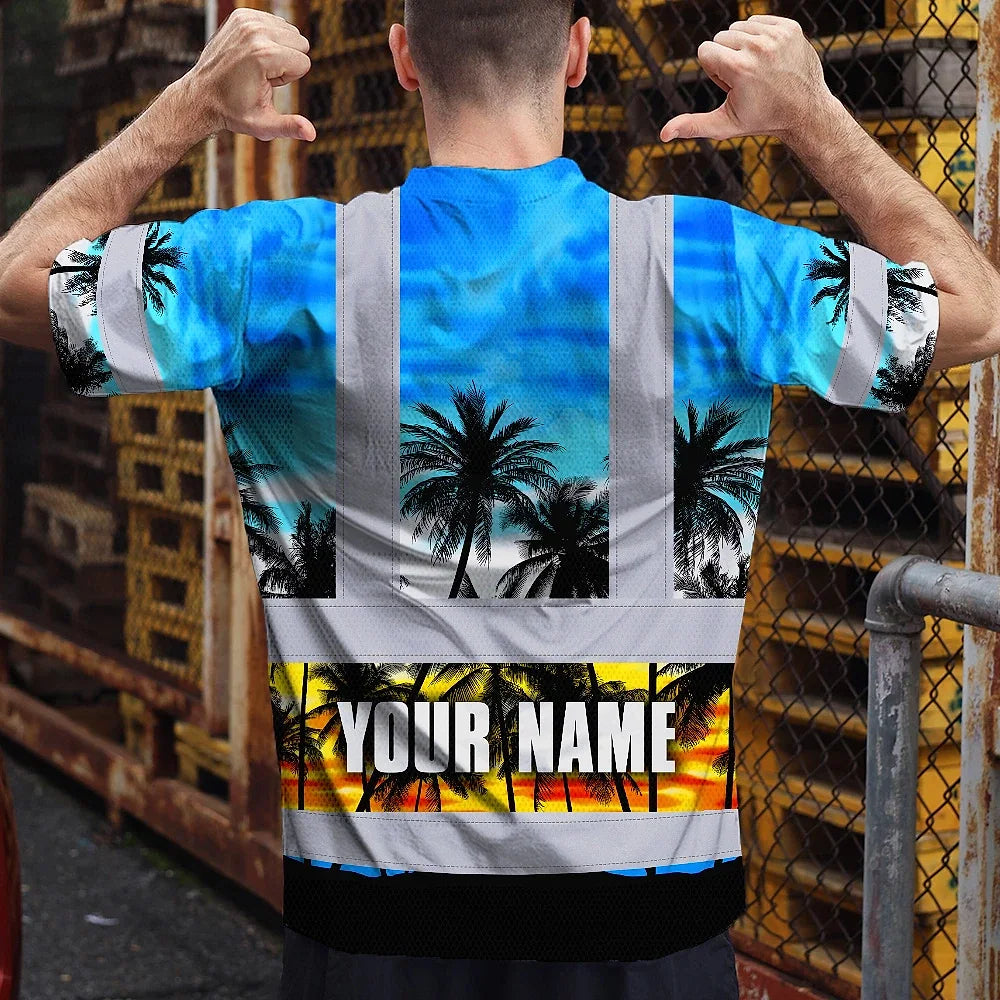 Hi Vis T Shirt Reflective Tapes Light Blue Coconut Tree Custom Name Safety Workwear For Workers, Truckers, Operators