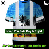 Hi Vis T Shirt Reflective Tapes Light Blue Coconut Tree Custom Name Safety Workwear For Workers, Truckers, Operators