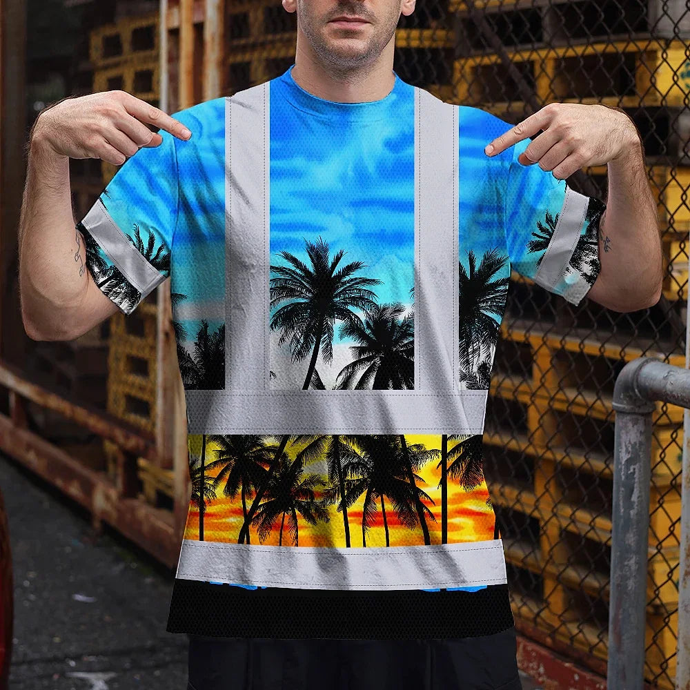 Hi Vis T Shirt Reflective Tapes Light Blue Coconut Tree Custom Name Safety Workwear For Workers, Truckers, Operators