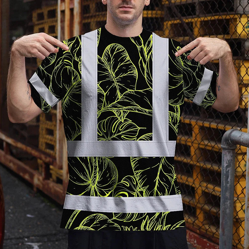 Hi Vis T Shirt Reflective Tapes Lime Neon Flowers Hawaii Custom Name Safety Workwear For Workers, Truckers, Operators