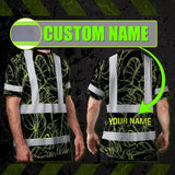 Hi Vis T Shirt Reflective Tapes Lime Neon Flowers Hawaii Custom Name Safety Workwear For Workers, Truckers, Operators