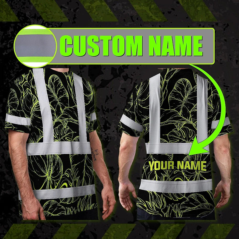 Hi Vis T Shirt Reflective Tapes Lime Neon Flowers Hawaii Custom Name Safety Workwear For Workers, Truckers, Operators