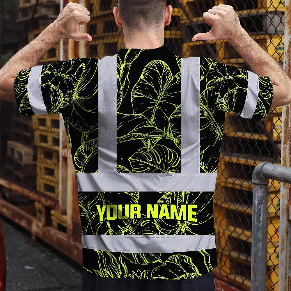 Hi Vis T Shirt Reflective Tapes Lime Neon Flowers Hawaii Custom Name Safety Workwear For Workers, Truckers, Operators