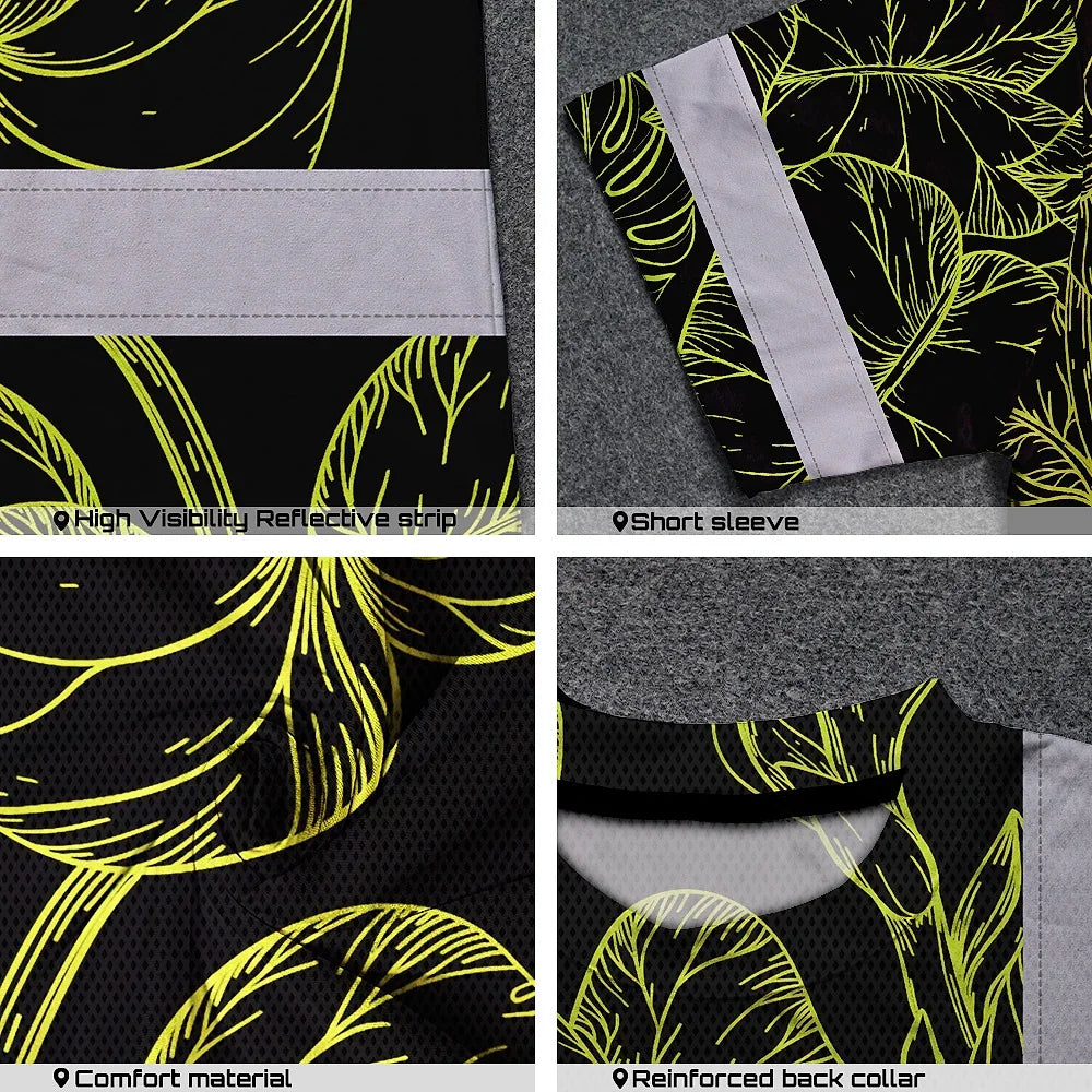Hi Vis T Shirt Reflective Tapes Lime Neon Flowers Hawaii Custom Name Safety Workwear For Workers, Truckers, Operators