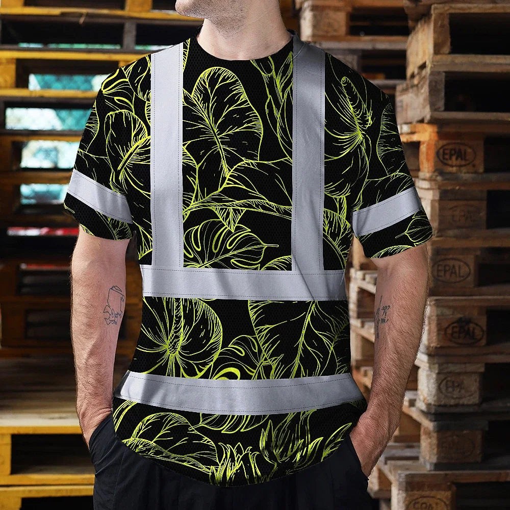 Hi Vis T Shirt Reflective Tapes Lime Neon Flowers Hawaii Custom Name Safety Workwear For Workers, Truckers, Operators