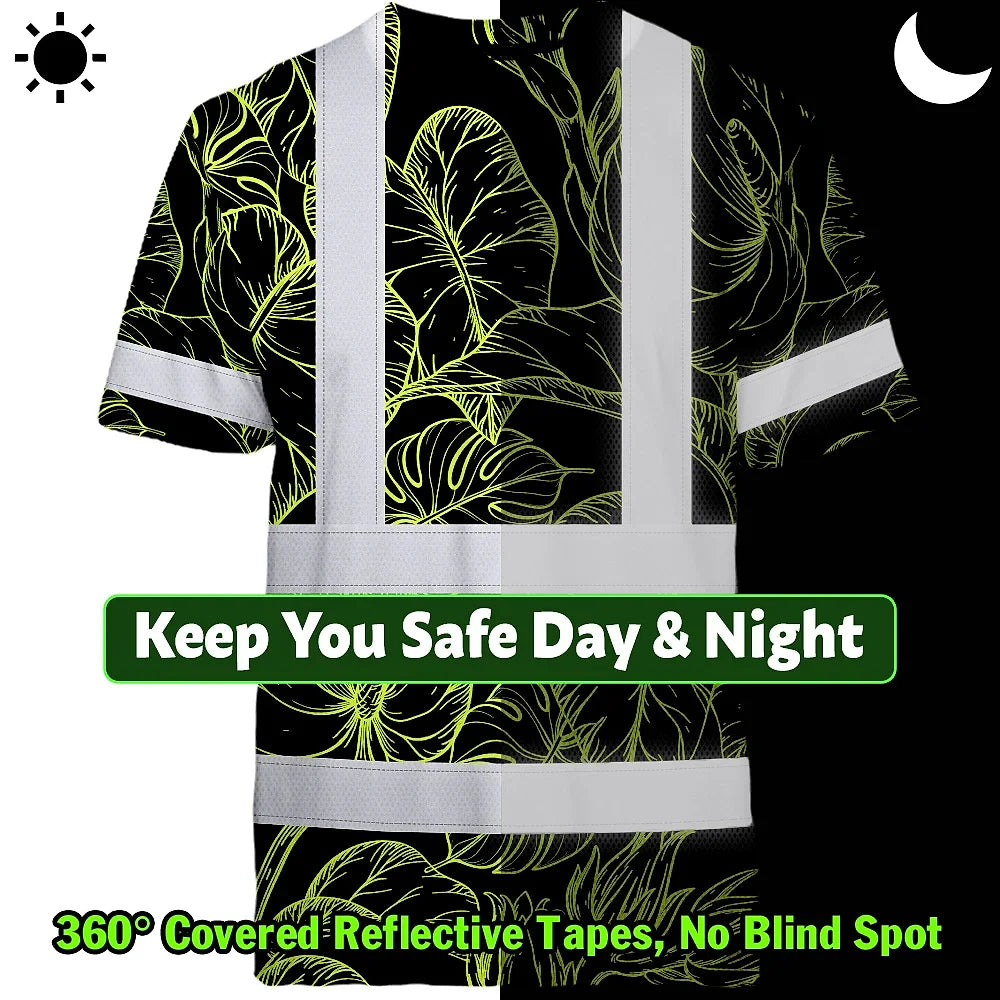 Hi Vis T Shirt Reflective Tapes Lime Neon Flowers Hawaii Custom Name Safety Workwear For Workers, Truckers, Operators