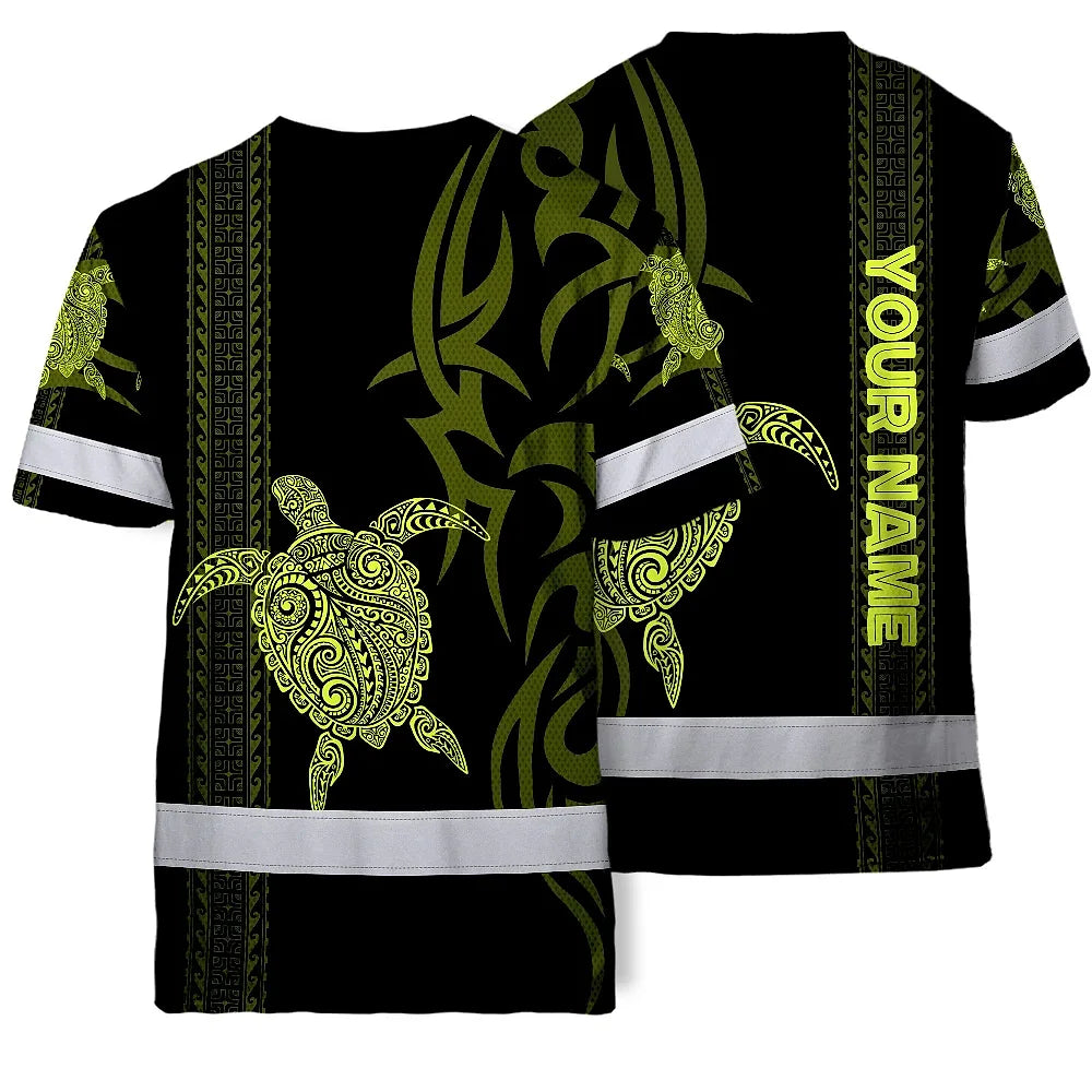 Hi Vis T Shirt Reflective Tapes Lime Neon Hawaiian Polynesian Tribal Custom Name Safety Workwear For Workers, Truckers, Operators