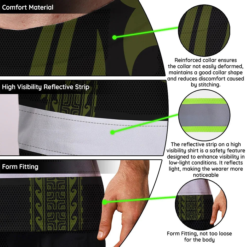 Hi Vis T Shirt Reflective Tapes Lime Neon Hawaiian Polynesian Tribal Custom Name Safety Workwear For Workers, Truckers, Operators