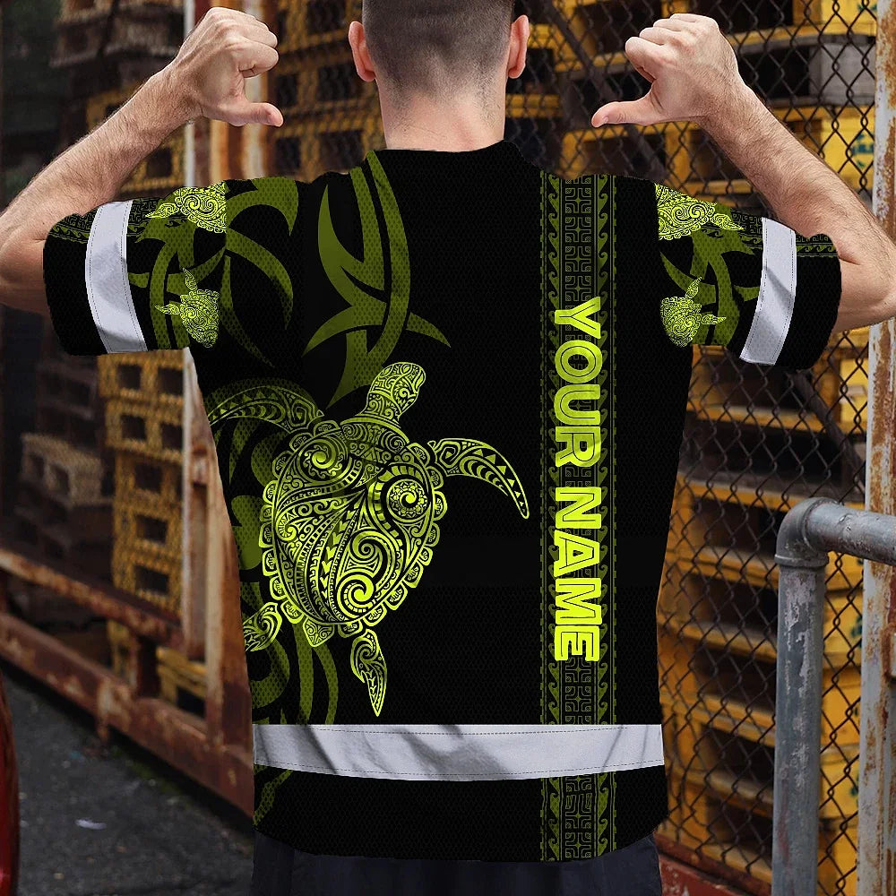 Hi Vis T Shirt Reflective Tapes Lime Neon Hawaiian Polynesian Tribal Custom Name Safety Workwear For Workers, Truckers, Operators