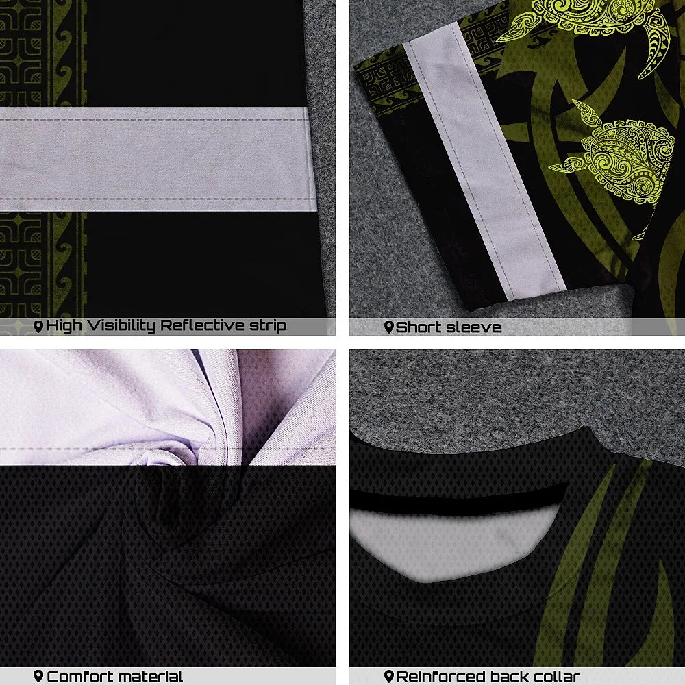 Hi Vis T Shirt Reflective Tapes Lime Neon Hawaiian Polynesian Tribal Custom Name Safety Workwear For Workers, Truckers, Operators