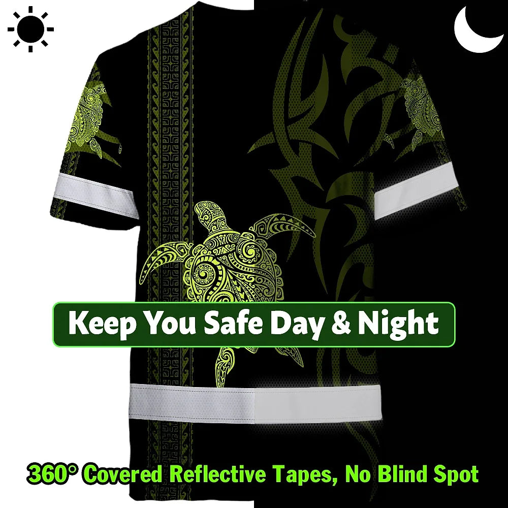 Hi Vis T Shirt Reflective Tapes Lime Neon Hawaiian Polynesian Tribal Custom Name Safety Workwear For Workers, Truckers, Operators