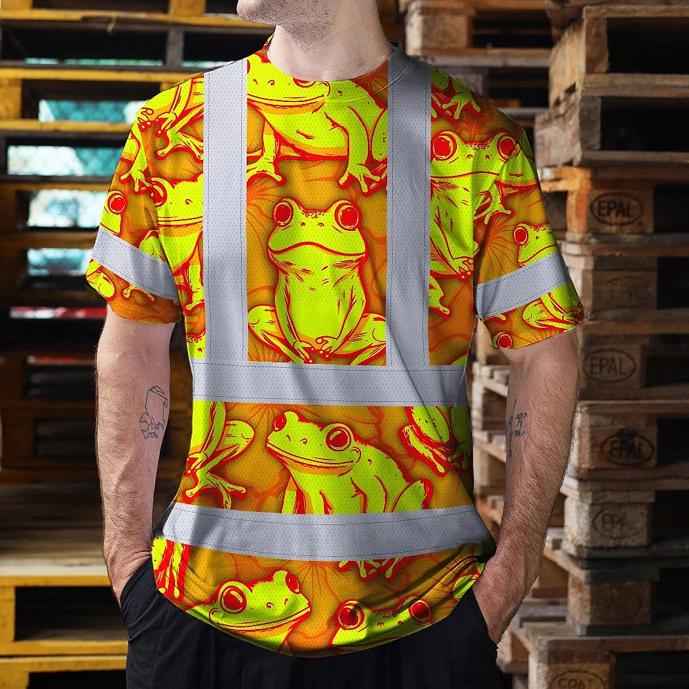 Hi Vis T Shirt Reflective Tapes Orange And Lime Neon Frog Custom Name Safety Workwear For Workers, Truckers, Operators